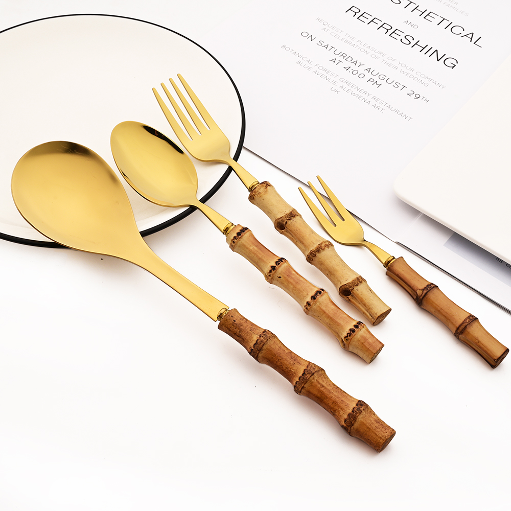 6Pcs Gold Natural Bamboo Handl - Bamboo Cutlery ulasan dan harga